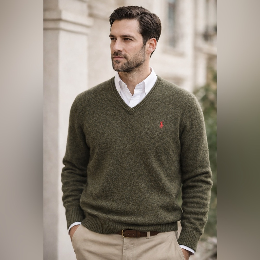 100% Lambswool Polo Ralph Lauren Olive Green V-Neck Sweater Men’s XL